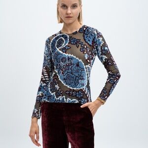 $695 Etro Multi-Color Tulle & Jacquard Velvet Top Size 38/US 2